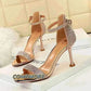 Women Summer Sandals 8.5cm High Heeled Rhinestone Crystal Middle Heels Ankle Strappy Sandles Lady Wedding Event Party Gold Shoes.
