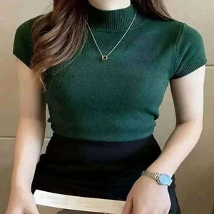 Women Model Wearing Blackish Green High Neck Tops.