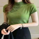 Women Model Wearing High Light Green Neck Tops.