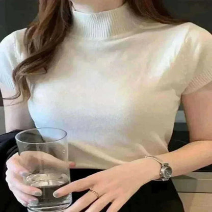 Women Model Wearing High White Neck Tops.