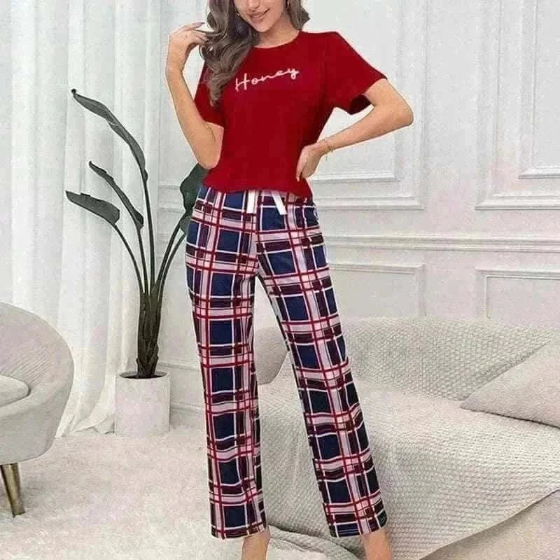 Women's Pajamas Set Casual Home Clothes Soft Comfortable Crew Neck T-Shirt & Plaid Pants.
